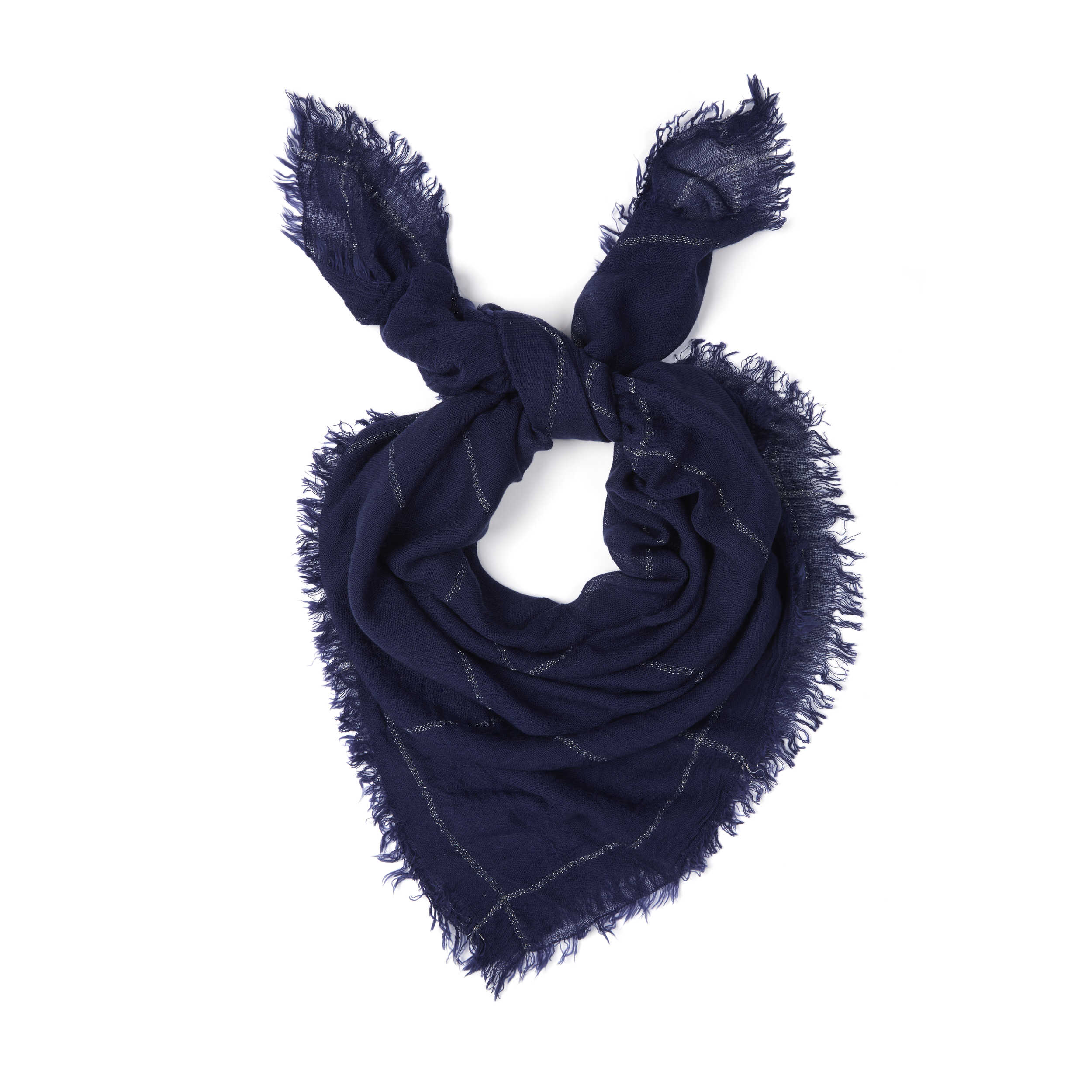 Navy Lurex Check Fringe Scarf