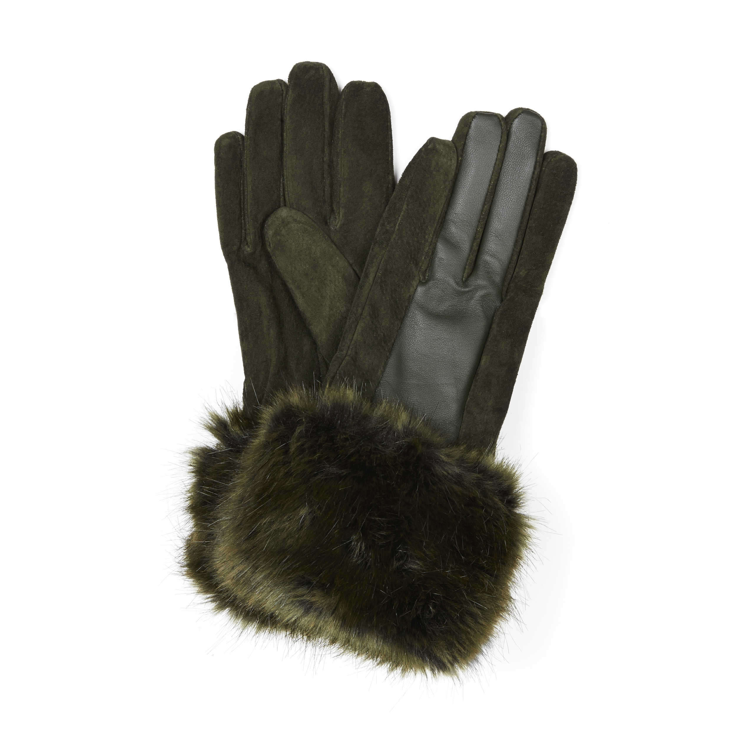 Faux Fur Trim Leather and Suede Gloves